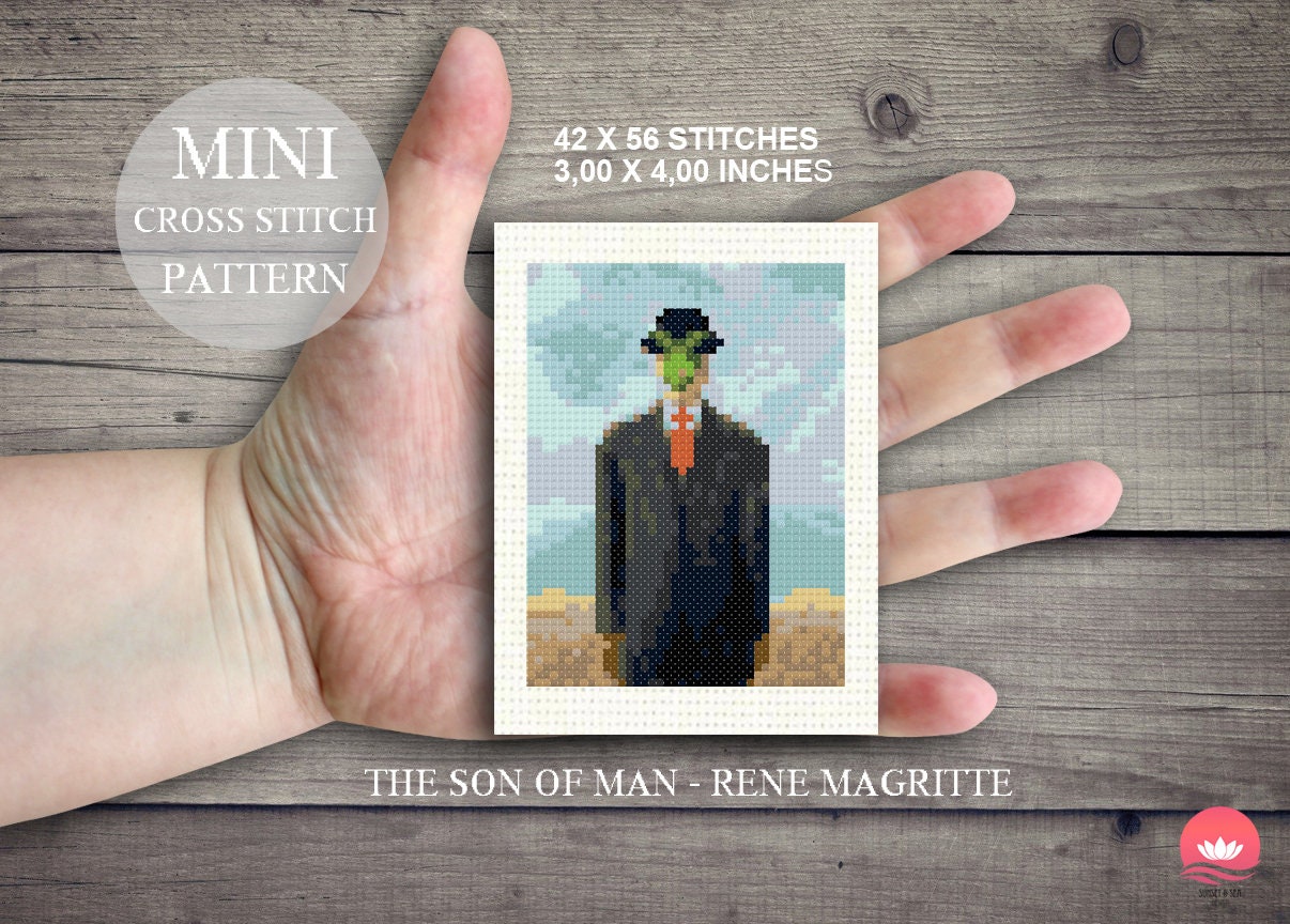 MINI the Son of Man Rene Magritte Cross Stitch Pattern. Famous Painting
