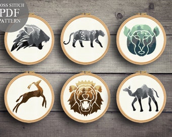 6 Animals Cross Stitch Patterns set. Lion Leopard Monkey Gazelle Camel Cross Stitch Pdf. Modern Counted Stitch Pattern. Pdf Instant Download