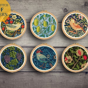 6 Fruits Birds Design Patterns William Morris Cross Stitch Patterns Set. William Morris Cross Stitch Pdf. Famous Painting Floral Embroidery