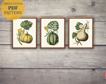 3 Vintage Pumpkin Cross Stitch Patterns Set. Vegetable Thanksgiving Autumn Cross Stitch Pdf Pattern. Pumpkin Embroidery