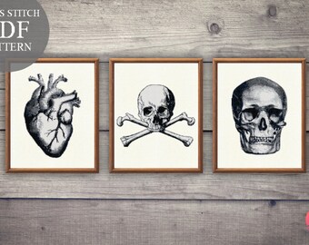 3 Vintage Human Skull Heart Drawing Cross Stitch Patterns Set. Vintage Medical Cross Stitch Pdf Pattern