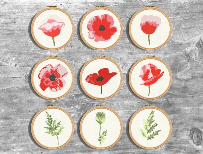Modern Counted Stitch Pattern Pdf Instant Download. Flower Cross Stitch Pdf Flower Design Poppy Flowers Set Cross Stitch Patterns Set