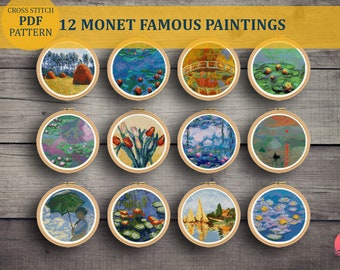 12 Claude Monet Cross Stitch Patterns Set. Impression Sunrise Cross Stitch Pdf. Famous Painting Water Lilies Japanese Bridge Vase of Tulips