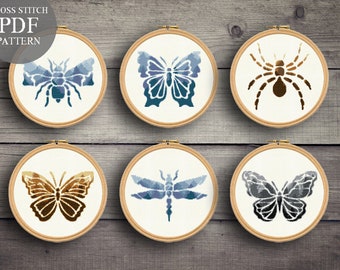 6 Insects Cross Stitch Patterns set. Bee Butterfly Spider Dragonfly Cross Stitch Pdf. Modern Counted Stitch Pattern. Pdf Instant Download.