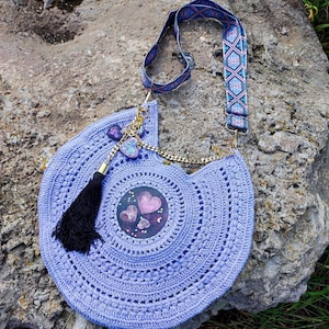 Round large shoulder bag Women crochet handbag with epoxy resin insert