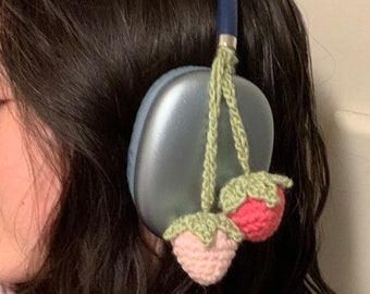 Strawberry headphone accessory, crochet headphone accessory, crochet strawberry keychain, Strawberry crochet gift