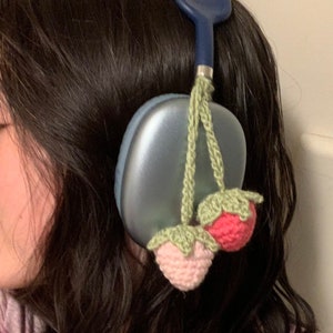 Strawberry headphone accessory, crochet headphone accessory, crochet strawberry keychain, crochet gift