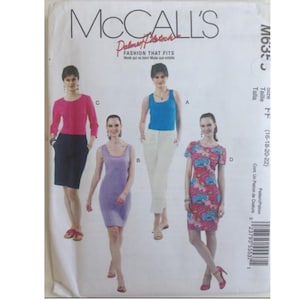 May include: A sewing pattern for a dress and a top. The pattern is from McCall's and is called "Fashion That Fits". The pattern number is M635 and the size is FF (16-18-20-22).