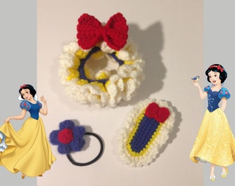 Handmade Snow White Princess Inspired Hairclip Set for Girls, Crochet Hairclips for Girls, Crochet Hair Accessories, Handmade Gift for Girls