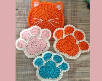 Crochet Cat and Paw Coaster Pattern, Animal Coaster, PDF Crochet Pattern, Digital Download PDF, Instant Download, Crochet Pattern