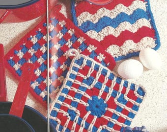 Vintage Crochet July 4th Patriotic Fan Shell Kitchen Pot Holders Patriotic Potholders, Chained and Houndstooth Potholder PDF Crochet Pattern