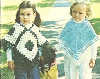 Vintage Crochet Pop-on Ponchos for Tots, Easy Kids Crochet Ponchos Pattern, Crochet Ponchos Pattern, Fringed Poncho Digital Download PDF