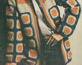 Modello per cardigan vintage all'uncinetto Grandma Square Jacket PDF Download digitale, giacca Grandma Square da donna con giogo all'uncinetto Grandma Square