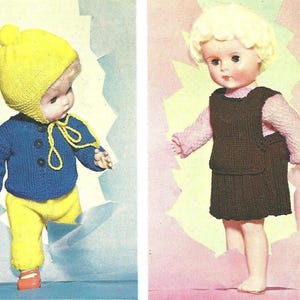 May include: Two dolls wearing knitted clothing. The first doll wears a yellow bonnet, a blue button-up cardigan, and yellow pants. The second doll has blonde hair and wears a pink long-sleeved top under a dark brown knitted pinafore dress.