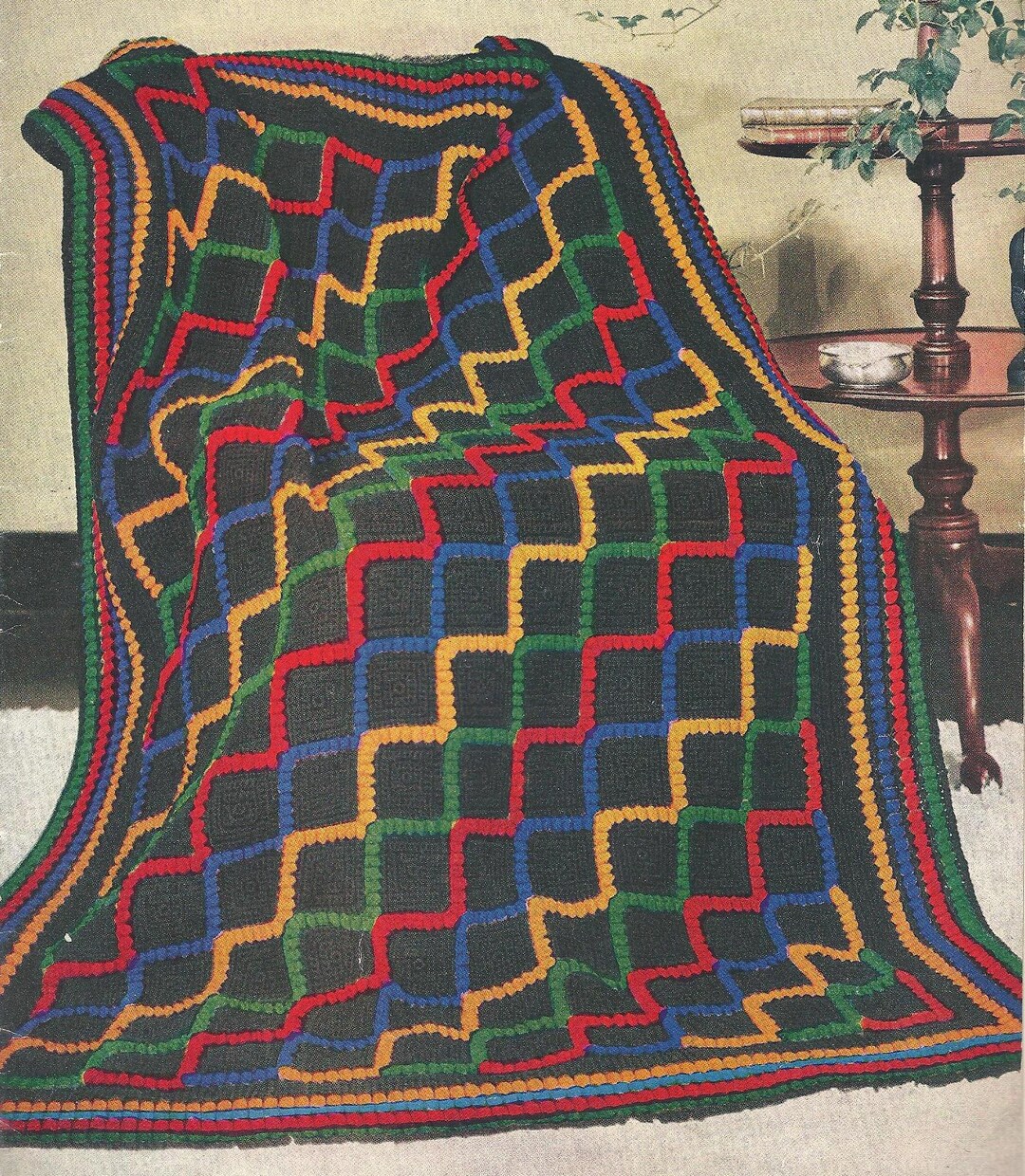 Vintage Crochet Granny Square Afghan With Ripple Popcorn Edging Square