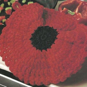 May include: A handmade, red, crocheted potholder shaped like a poppy flower, with a black center. The potholder is designed to protect surfaces from heat. The image also shows a pan with diced vegetables and a red bell pepper.