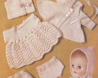 VINTAGE Layette for 10 to 12 inch dolls, Knit Doll Dress, Coat, Bonnet, Leggings, Vest, Pilch Doll Outfits Knitting Digital Download PDF