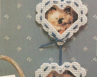 Vintage Plastic Canvas Hearts Pattern, Plastic Canvas Hanging Hearts, Plastic Canvas Cat Portrait Digital Download PDF Pattern