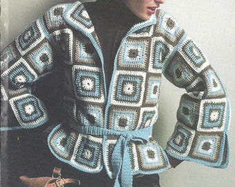 Wzór na kardigan z kwadratowej kurtki w stylu vintage szydełkowej babci w formacie PDF do pobrania cyfrowego natychmiastowego, szydełkowana damska kurtka z paskiem w stylu kwadratowej babci
