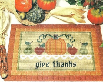 Vintage Plastic Canvas Thanksgiving Place Mat, Plastic Canvas Give Thanks Mat, Plastic Canvas Pumpkin Mat Digital PDF Pattern
