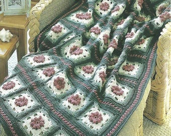 VINTAGE Crochet Tiffany Rose Granny Square Afghan, Tiffany Rose Throw, Crochet Rose Afghan Blanket Digital Download PDF Pattern