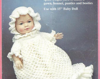 Vintage Crochet 15 Inch Doll Christening Gown Set and Matching Bonnet and Bootie Pattern 15 inch Doll Crochet PDF pattern