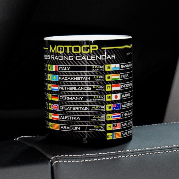 MotoGP 2024 Season Racing Calendar Mug - Carbon Fiber - Grand Prix Racing - Circuits - Motorbikes - Quartararo - Marquez - Bagnaia - Binder