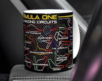 Formula One 2024 Season Racing Circuits Mug - Carbon Fiber - Grand Prix - F1 Fans - Hamilton - Max - Norris - Cars - Cup - Gift Ideas