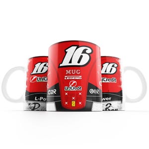 May include: A white ceramic mug featuring a red and black racing-themed design. The front displays the number 16 in large white font, the text MUG LEGEND, UniCredit logos, and a small yellow Ferrari emblem. The design includes black accents.