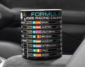 Formula 2026 Racing Calendar Mug - AM Edition - Carbon - Motorsport Season - Fan Gift Idea - 1 - Alonso - Coffee Cup - GP Dates & Circuit