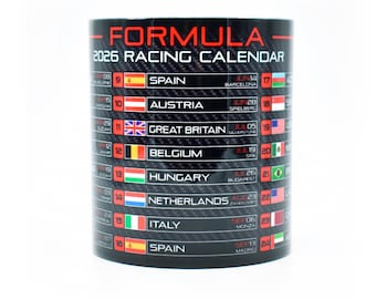 Formula 2026 Racing Calendar Mug - Carbon Fiber - Motorsport Fan Gifts - Race Schedule Coffee Cup - Hamilton - Norris - GP Dates & Circuits