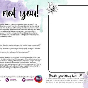 May include: A colorful worksheet with the text "Its not you!" and a doodle space with the text "Doodle your illness here." The worksheet provides tips for externalizing an eating disorder and includes contact information for Beat Eating Disorders.