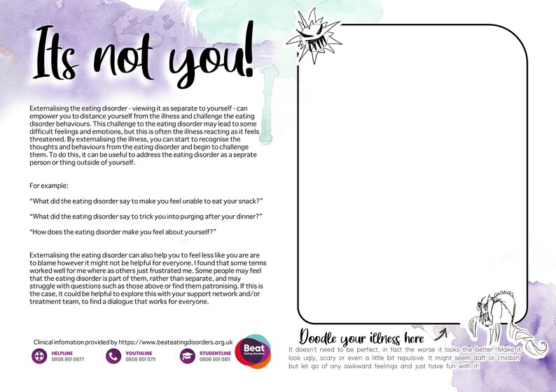 May include: A colorful worksheet with the text "Its not you!" and a doodle space with the text "Doodle your illness here." The worksheet provides tips for externalizing an eating disorder and includes contact information for Beat Eating Disorders.