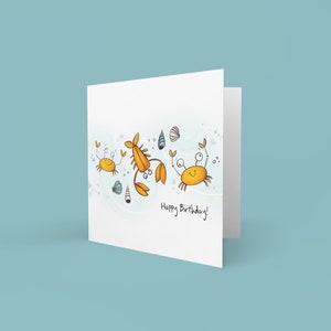 Tarjeta de cangrejo de feliz cumpleaños, tarjeta ilustrada divertida para niños, bajo el mar, lindos cangrejos y langostas