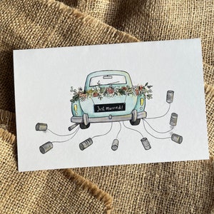 Carte de voeux illustrée Just Married, Voiture de mariage, Dessin à l'aquarelle, Couple heureux