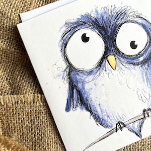 Biglietto di auguri illustrato con civetta, disegno ad acquerello