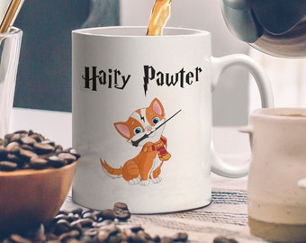 Hairy Pawter Cat Mug | Baby Cat Lovers Potter Gift, For Wizards & Witches Who Love Magic School | With a Red and Gold Scarf a Wand and Scar!