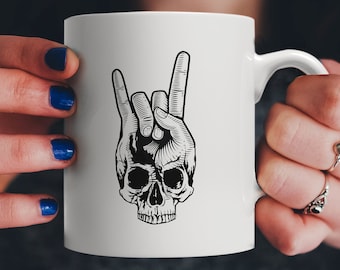 Rocking Heavy Metal Gift - Hand Horns Skull | Mug For Metalheads Fans and Musicians Who Play Guitar or Drums in a Band!