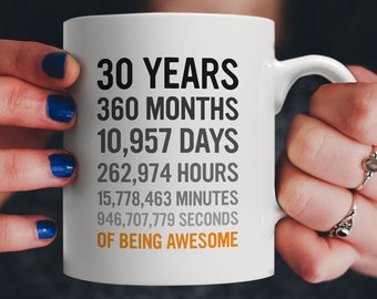 30th Birthday Gift 30 Thirty Years Old, Months, Days, Hours, Minutes, Seconds of Being Awesome! Anniversary Bday Mug For Men Women