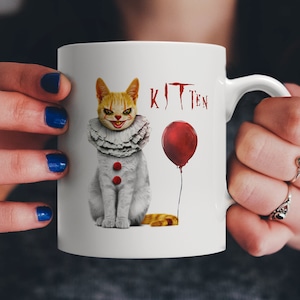 We All MEOW Down Here Clown Cat Kitten Mug | Fans of Horror Movies, Occult & King! Love Reading Lovecraftian Stories, Scary Monsters It Gift
