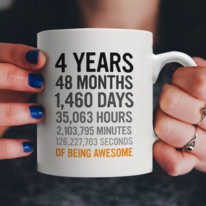 4th Birthday Gift 4 Four Years Old, All Measures of Being Awesome! Anniversary Mug For Young Kids, Son Daughter, Boy or Girl - From Mom Dad!