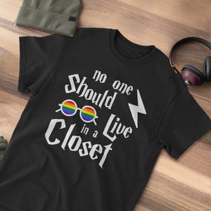 No One Should Live in a Closet Potter Gift, Scar and Rainbow Glasses | Gay Pride LGBTQ Community Flag Tshirt - Support & Awareness Shirt