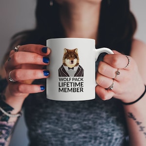 Wolf Pack Lifetime Member Wolf in Suit Mug | Groomsmen Bachelor Party Celebration Mug