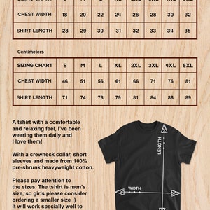 May include: Sizing chart for a black t-shirt with a crewneck collar and short sleeves. The chart shows measurements in inches and centimeters for chest width and shirt length. The sizes range from S to 5XL.