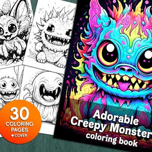 30 枚の愛らしい不気味なモンスターの塗り絵の本、かわいいホラー大人の塗り絵、ファンタジーの不気味な生き物、ストレス解消とリラクゼーション用