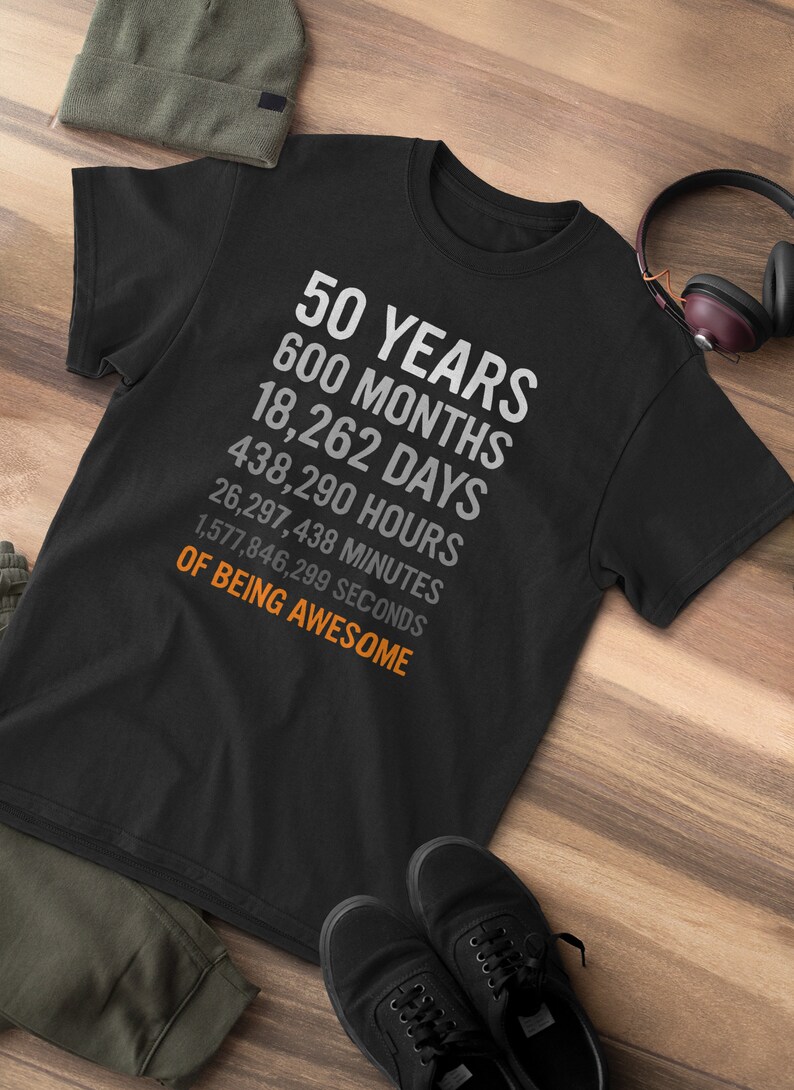 May include: Black t-shirt with white text that reads "50 Years 600 Months 18,262 Days 438,290 Hours 26,297,438 Minutes 1,577,846,299 Seconds of Being Awesome".