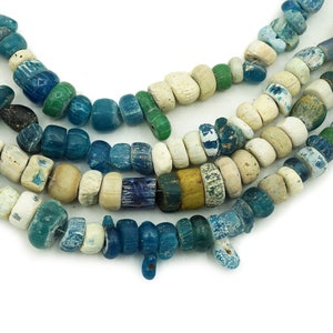 Ancient Excavated Djenne Beads from Mali, Africa (4-9mm) Blue Green - Antique Roman Glass Trade Beads - Circa 12th century (2142F048) Rustic