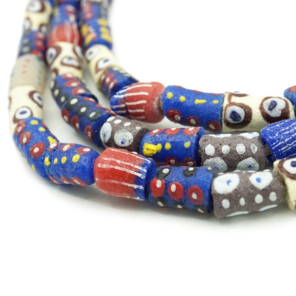 Blue Krobo African Recycled Glass Barrel Beads (8-9mm) Blue with Multi Colored Hand Painted Beads Ghana Fair Trade (2189F549) African