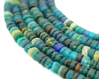 Blue Afghani Ancient Roman Glass Heishi Beads (4-5mm) Rare Blue, Teal & Green Recycled Glass from Afghanistan Wholesale (1662F487) Rustic