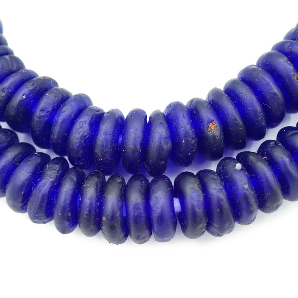 Afrikanische Krobo Recycelte Glasblaue Donut Perlen (12mm) Royal Blue Spacer Beads - Fair Trade African Krobo Tribal Beads (1505F323) Rustikal